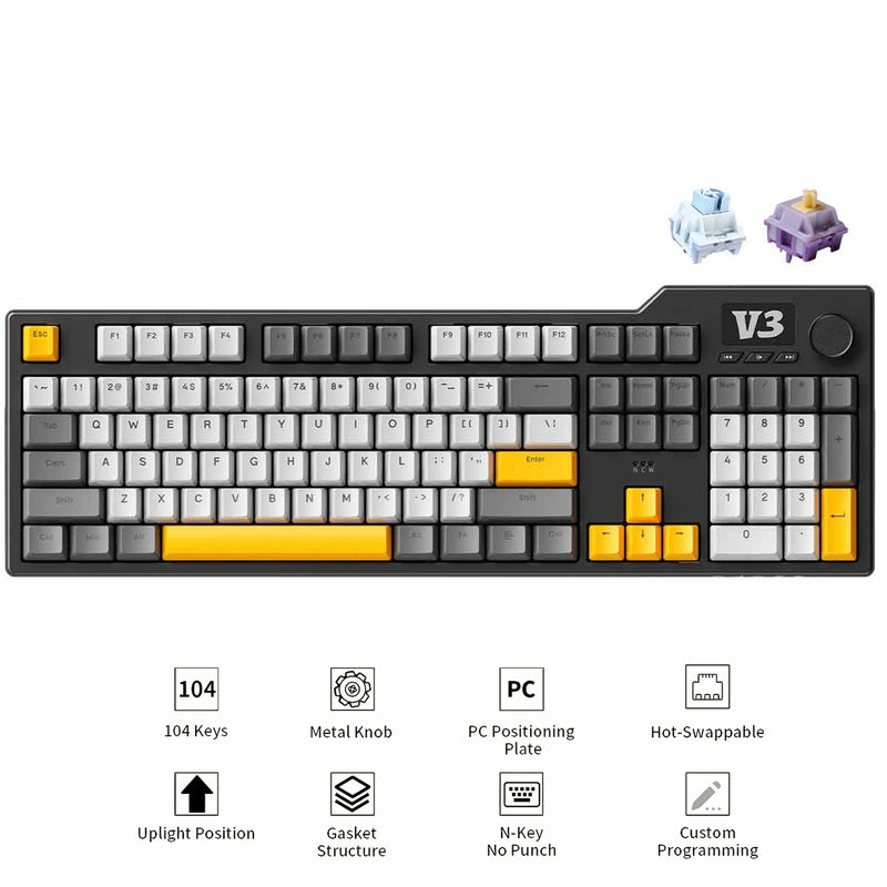 Ajazz AK35I V3 Wired 100% 104-Keys Gasket-mounted Hot Swappable Mechanical Keyboard (Black/Cream/Yellow) (Sea Salt Switch, Hyacinth Switch)