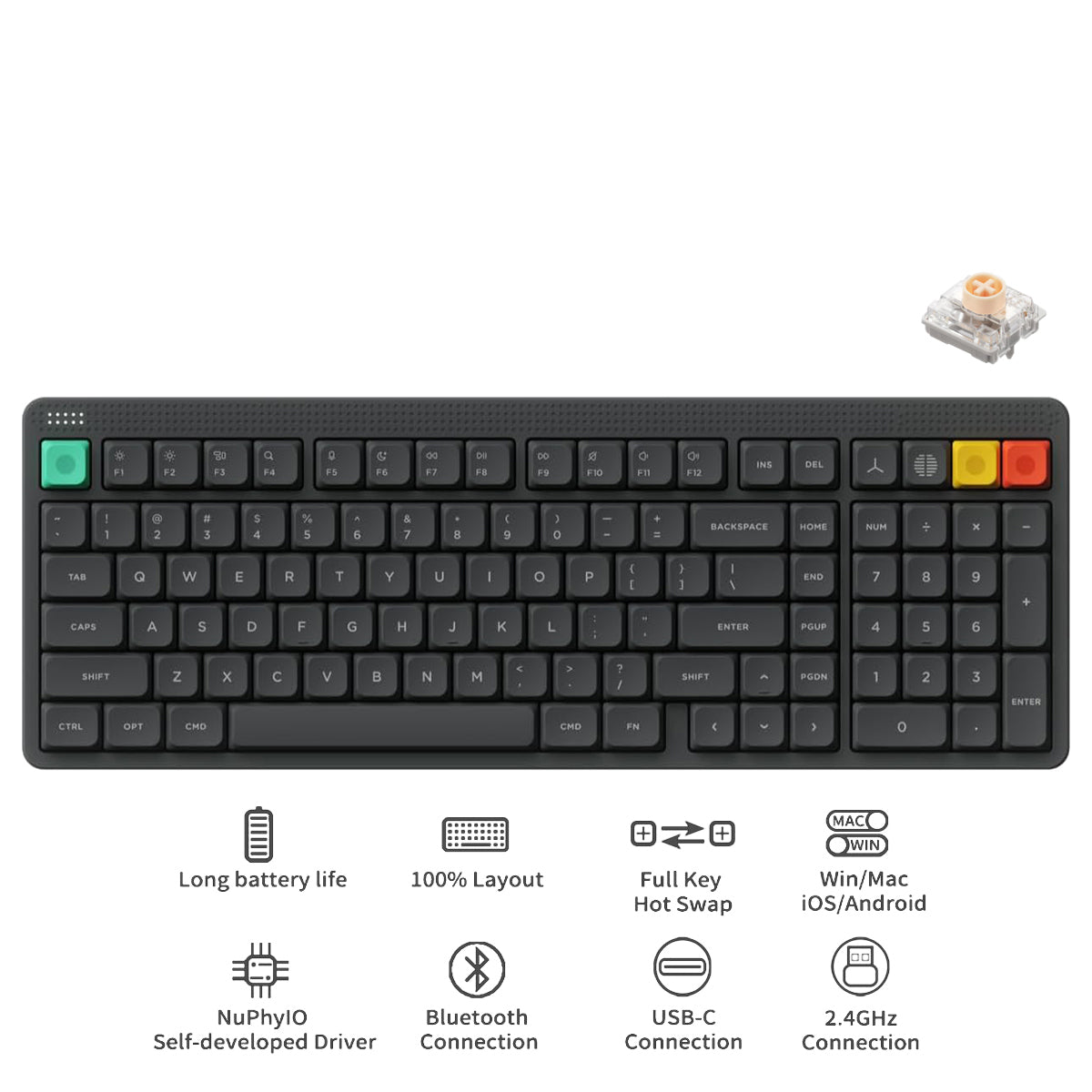 NuPhy Node100 Low-Profile Hot-Swappable Full-Size Wireless Mechanical Keyboard (Blush nano Switch) (Ink Gray)