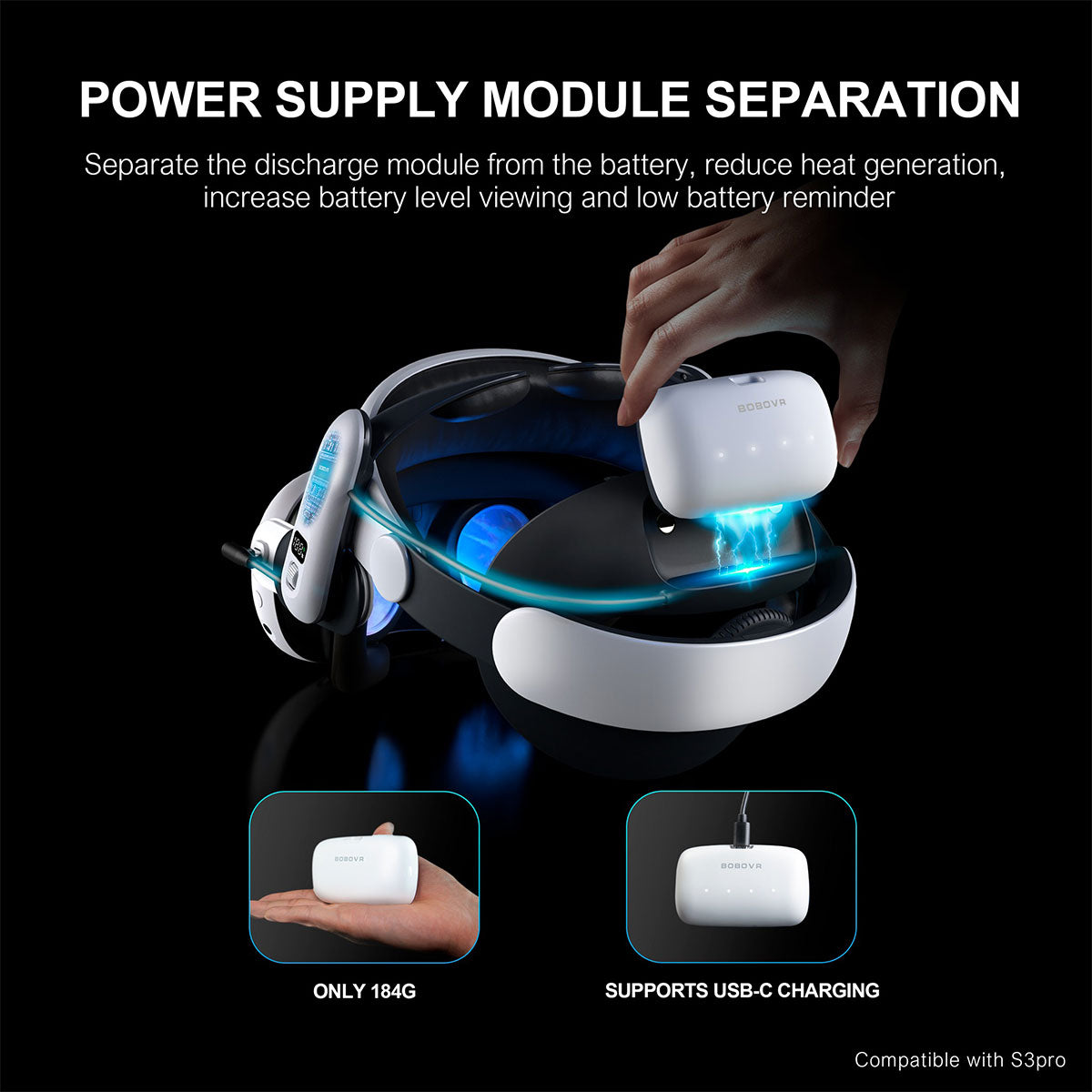 BoboVR B100 1000mAH Battery Pack for S3 & via B100U Upgrade Kit (M1+/ M2+/ M2 Pro+/ M3 Pro/ M3 Mini)
