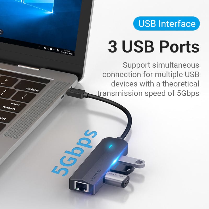 Vention 5-in-1 USB-C Hub with Gigabit Ethernet Adapter - USB-C to USB 3.0 x 3 + RJ45 + Micro-B