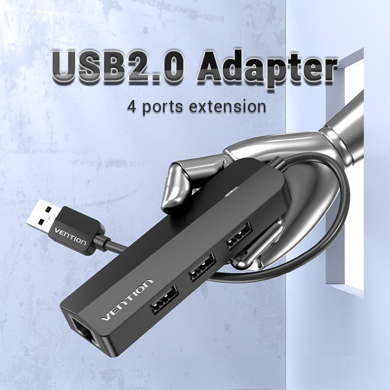 Vention 3-Port USB 2.0 Hub with 100M Ethernet Adapter - USB-A to USB 2.0 + RJ45 + Micro-B 