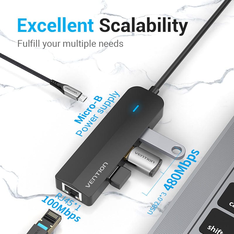 Vention 5-in-1 USB 3.0 Hub - USB-A to USB 3.0 x 4 + Micro-B 