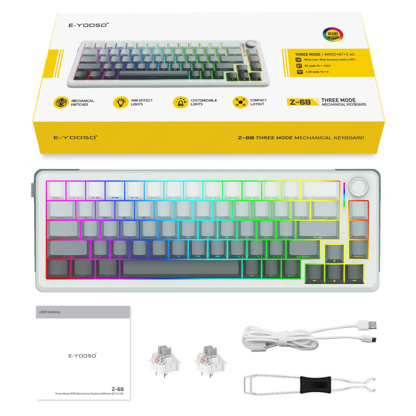 E-Yooso Z-68 Tri-Mode RGB 67 Keys Mechanical Keyboard Gradient Grey (Silverwood Switch)