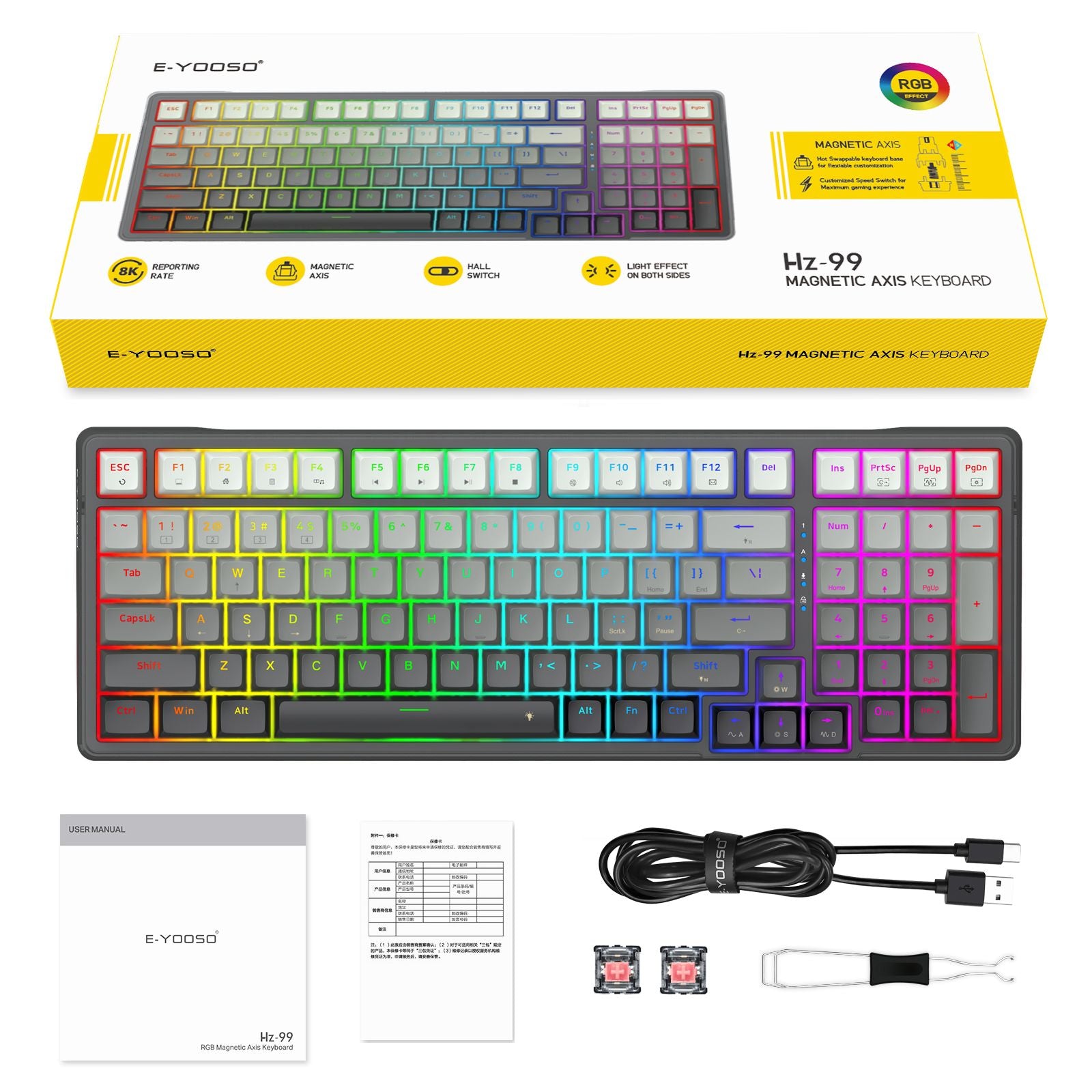 E-Yooso HZ-99 RGB 99-Keys Wired Hot-Swappable Mechanical Keyboard Gradient Grey (Magnetic Switch)