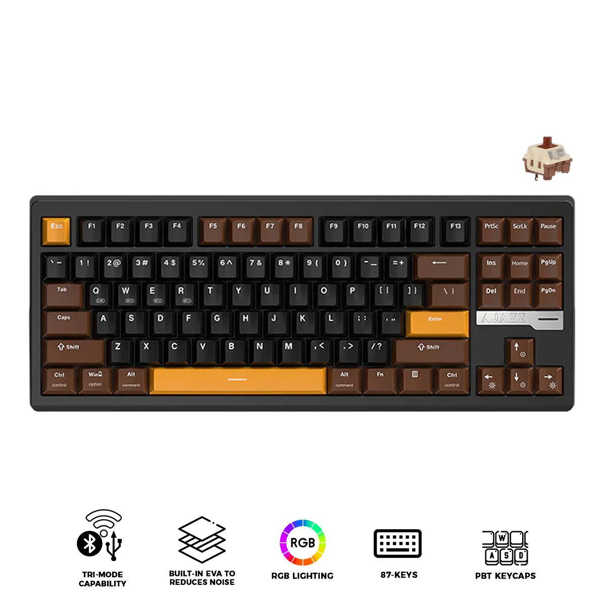 Ajazz QS87 RGB Tri-Mode 87-Keys Aluminum CNC Case Gasket-Mounted Hot-Swappable Mechanical Keyboard (Brown/Black/Yellow) (Maillard Switch)