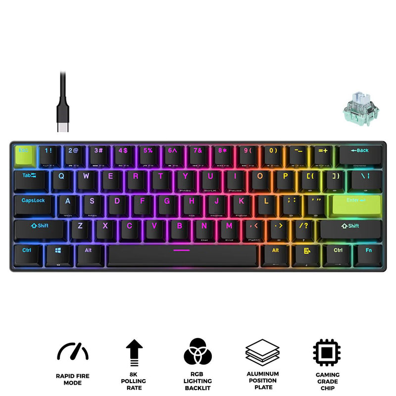 Royal Kludge RK-C61 Single-Mode RGB 61 Keys Hot Swappable Magnetic Mechanical Keyboard Black/Green (Mint Switch)