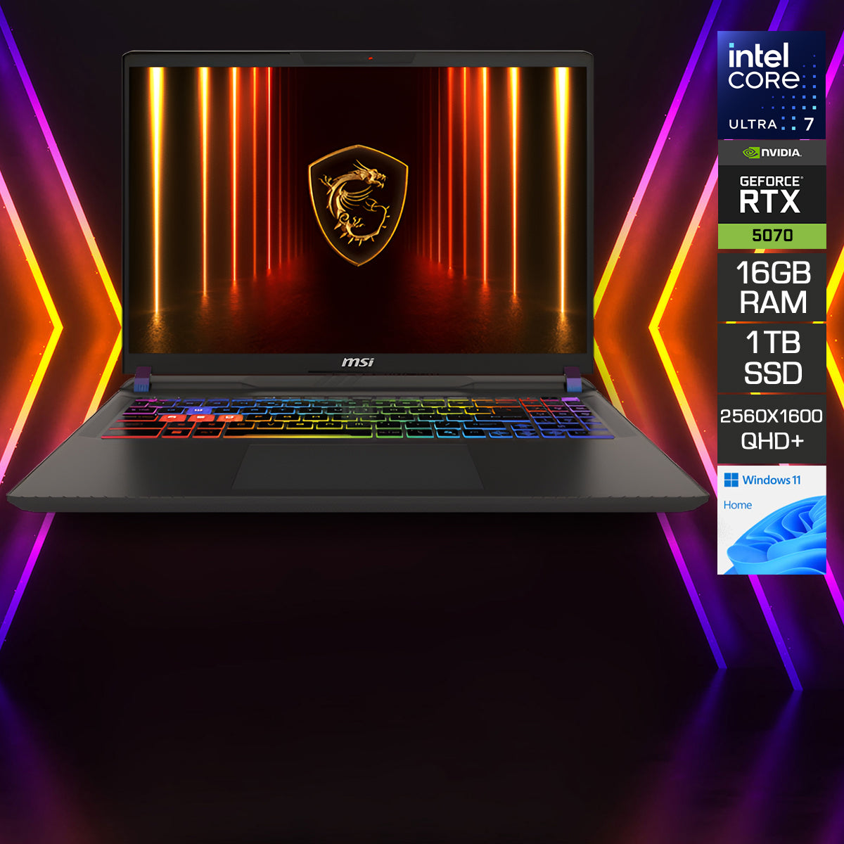 MSI VECTOR 16 HX AI A2XWHG-458PH | 16" 16:10 QHD+(2560 x 1600), 240Hz IPS-level panel | Intel Core Ultra 7 255HX | DDR5 16GB (8GB*2) RAM | 1TB NVMe PCIe SSD | RTX 5070 TI | Windows 11