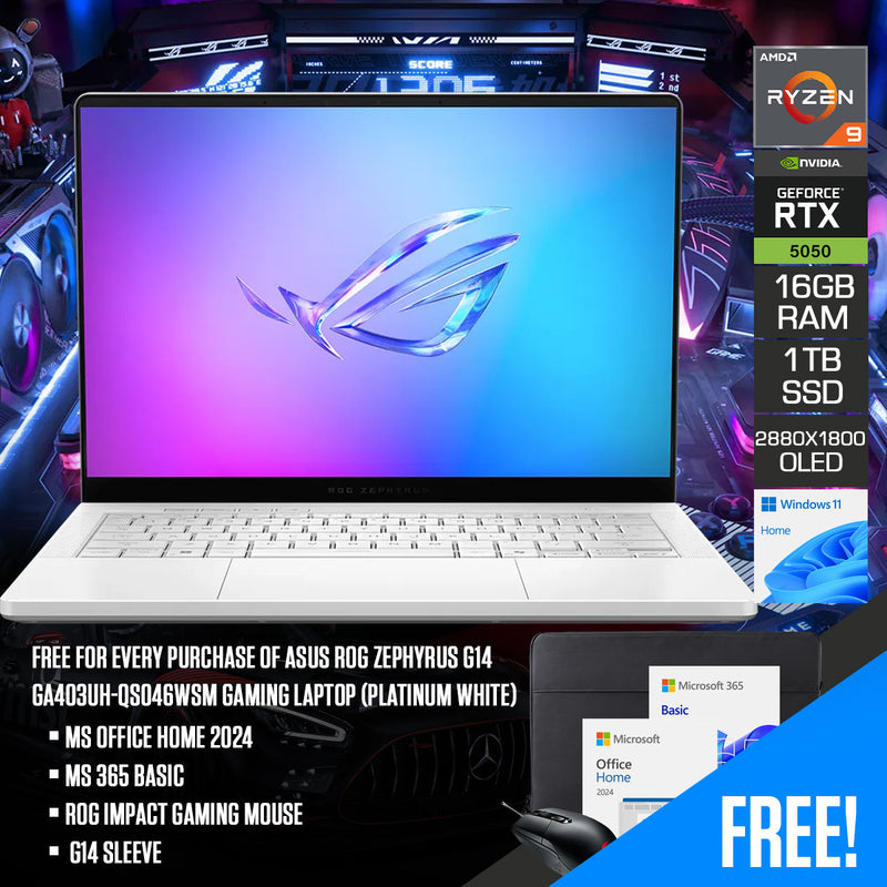 Asus ROG Zephyrus G14 GA403UH-QS046WSM Gaming Laptop (Platinum White) | 14" 3K (2880x1800) OLED 120Hz | Ryzen 9 270 | 16GB RAM | 1TB SSD | RTX 5050 GN22-X2 | Windows 11 Home | MS Office Home 2024 + MS 365 Basic + ROG Impact Gaming Mouse + G14 Sleeve
