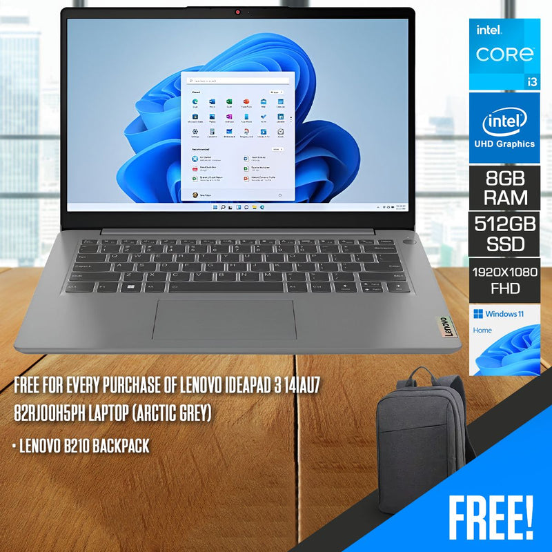 Lenovo IdeaPad 3 14IAU7 82RJ00H5PH Laptop (Arctic Grey) | 14" FHD (1920x1080) TN | Core i3-1215U | 8GB RAM | 512GB SSD | Intel UHD Graphics | Windows 11 Home | Lenovo B210 Backpack
