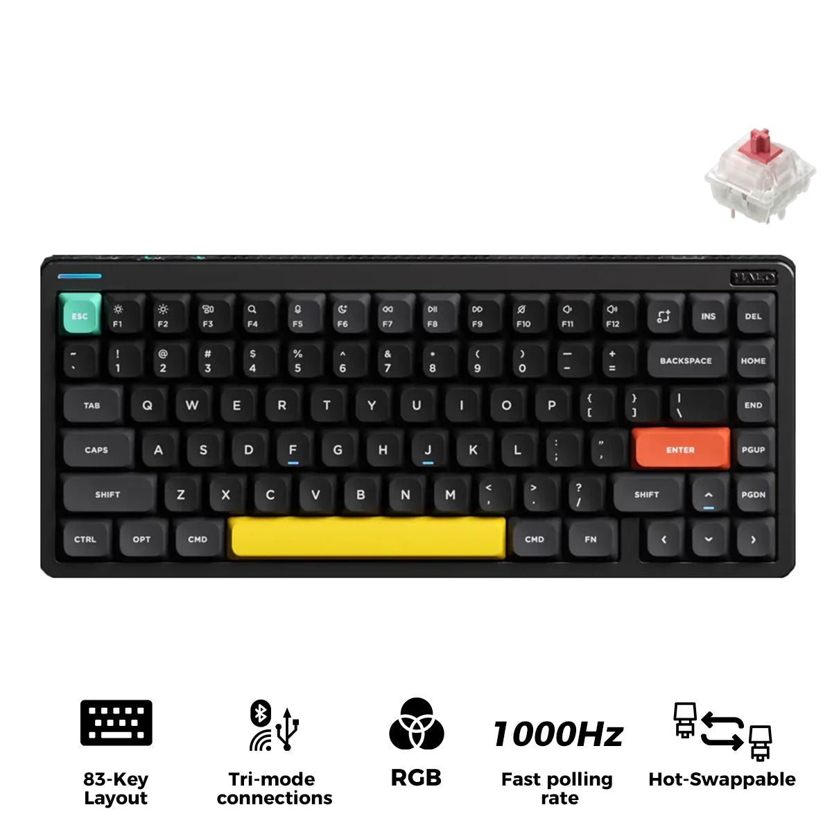 NuPhy Halo75 V2 QMK/VIA RGB Hot-Swappable 83-Key Wireless Mechanical Keyboard (Obsidian Black) (Silent Red Clear-Top Switch)