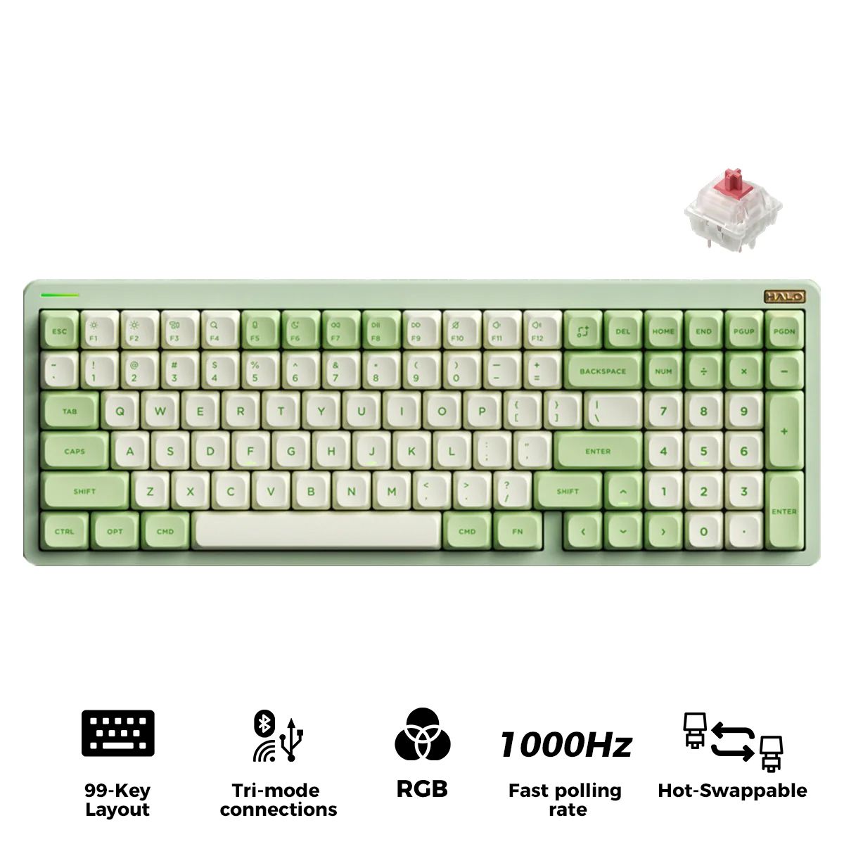 NuPhy Halo96 V2 QMK/VIA RGB Hot-Swappable 99-Key Wireless Mechanical Keyboard (Mojito) (Silent Red Clear-Top Switch)