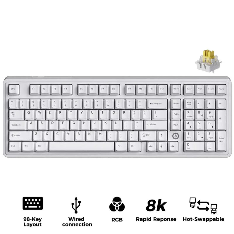 Ajazz AK980 Max RGB Wired 98-Keys Gasket-Mounted Hot-Swappable Mechanical Keyboard (White) (Magnetic Grain Switch)