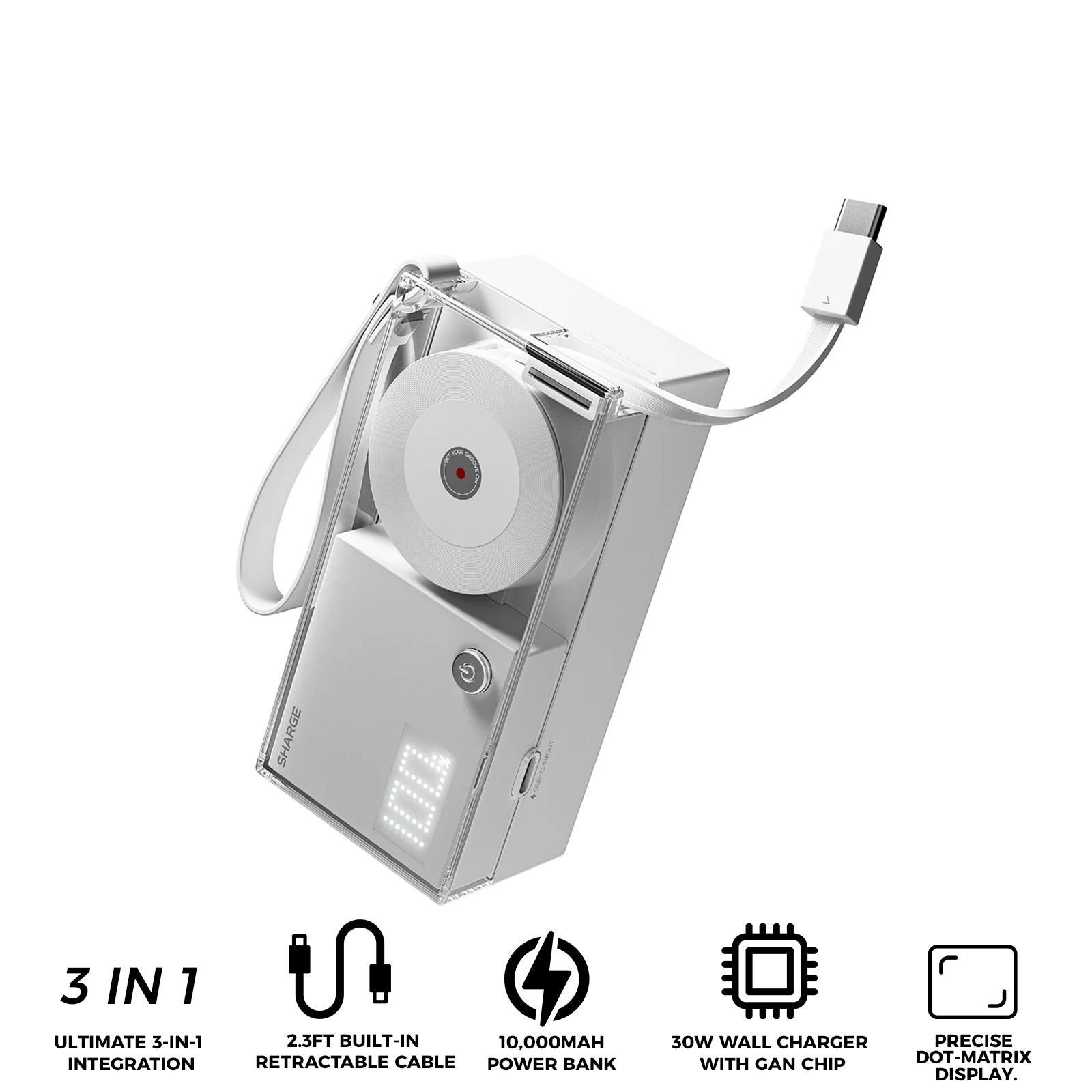 Sharge Retractable 3-in-1 Power Bank & Wall Charger 10000mAh 30W with Built-in USB-C Cable (White) (P7U)