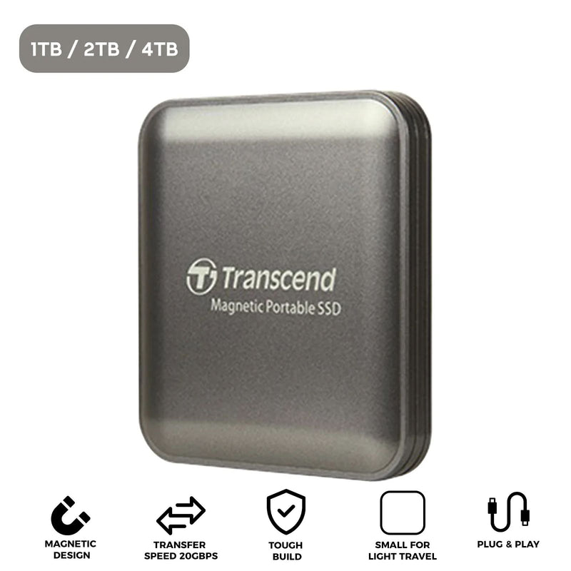 Transcend ESD420 USB 20GBPs 2000MB/s Read & Write Type-C Magnetic Portable SSD (Iron Gray) (1TB, 2TB, 4TB)