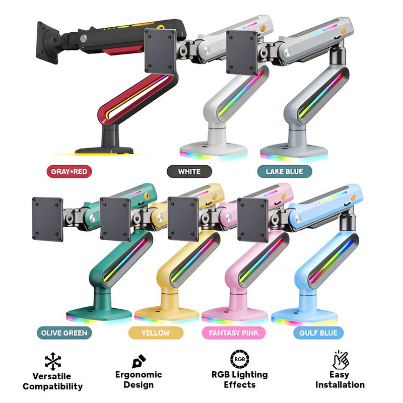 North Bayou Heavy Duty Single Deskmount Gaming Monitor Arm (up to 60" or 20Kg) (Gray+Red, White, Lake Blue, Olive Green, Yellow, Fantasy Pink, Gulf Blue)