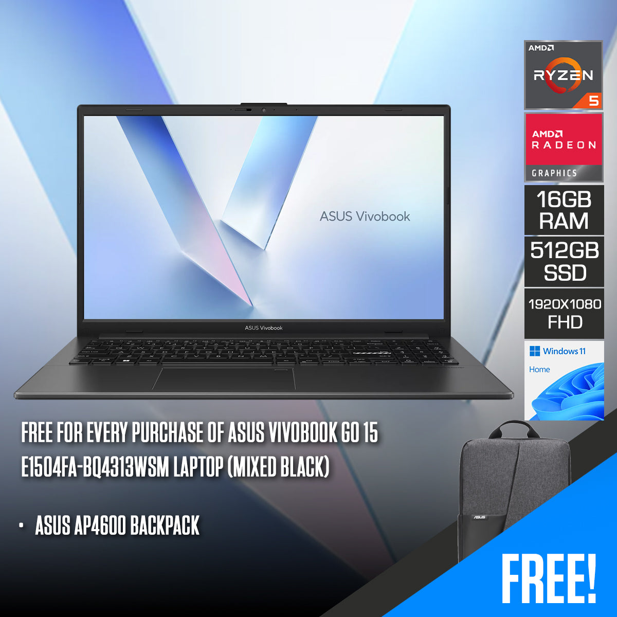 Asus Vivobook Go 15 E1504FA-BQ4313WSM Laptop (Mixed Black)