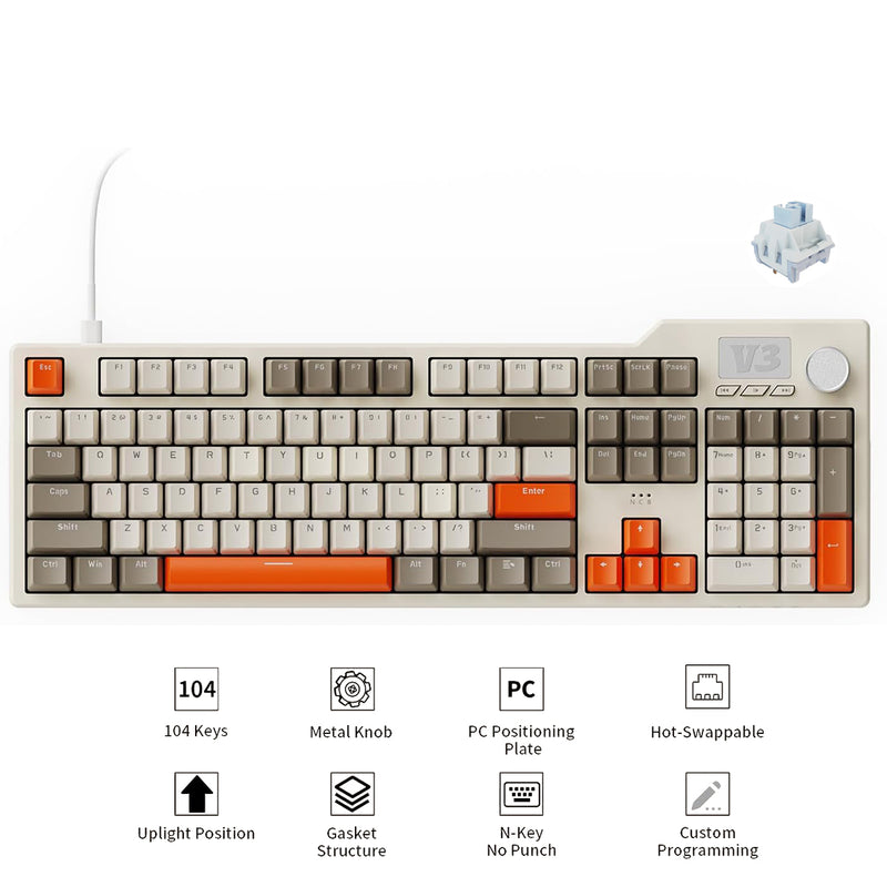 Ajazz AK35I V3 Wired 100% 104-Keys Gasket-mounted Hot Swappable Mechanical Keyboard (Grey/Cream/Orange) (Sea Salt Switch)