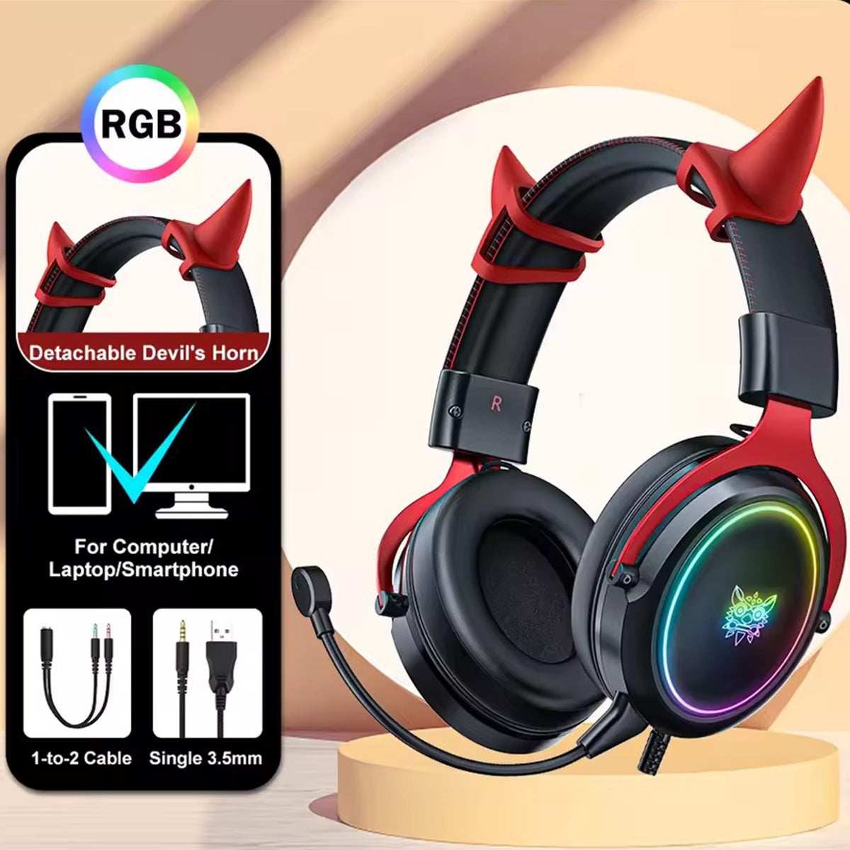 Onikuma X10 Ox Horn RGB Wired Professional Gaming Headset with Noise Cancellation Microphone (Black Red)