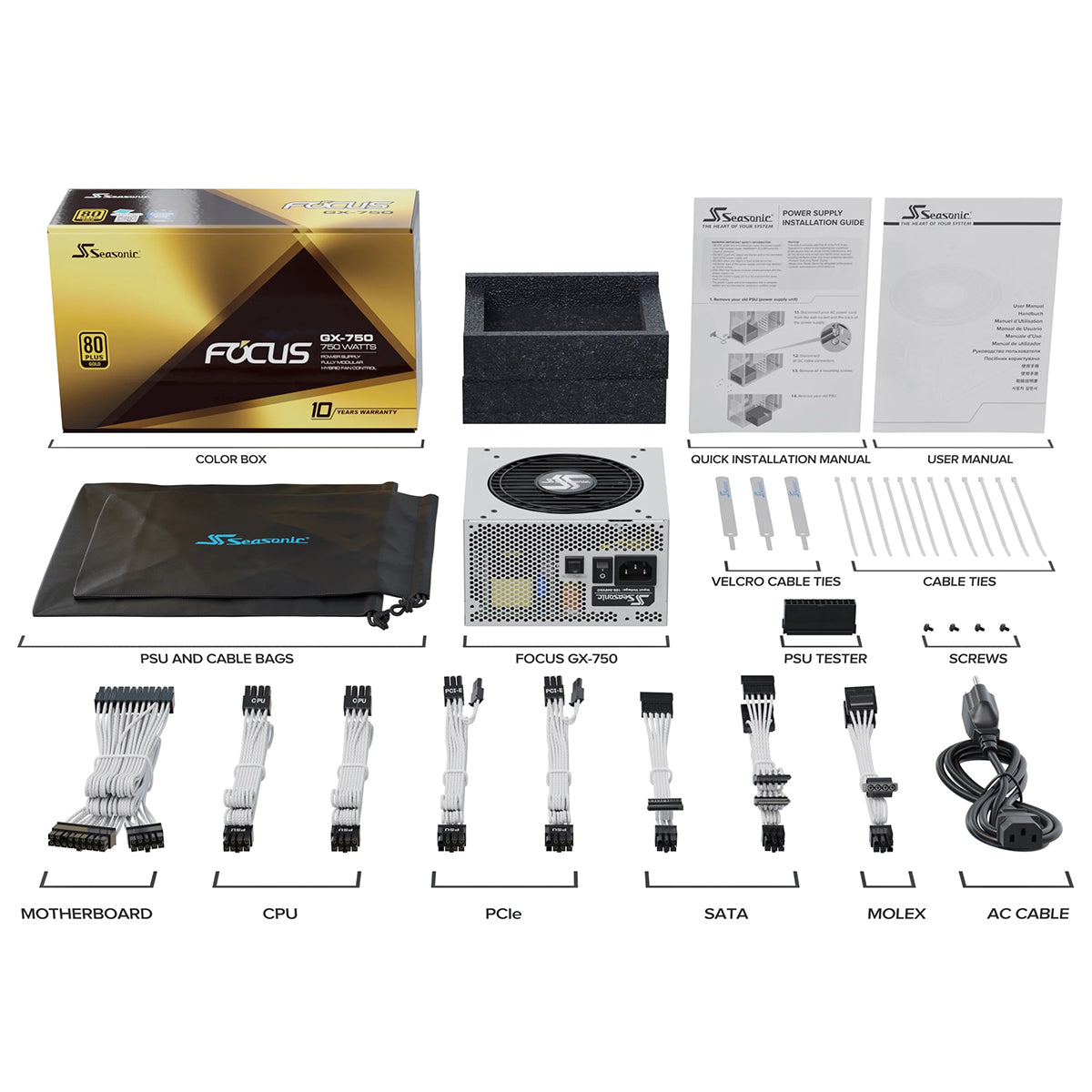 Seasonic Focus GX-750 ATX 3 750W 80+ Gold ATX 3.1 & PCIe Gen 5 Fully Modular Power Supply (White) (SRP-FGX751-A5A32SF)
