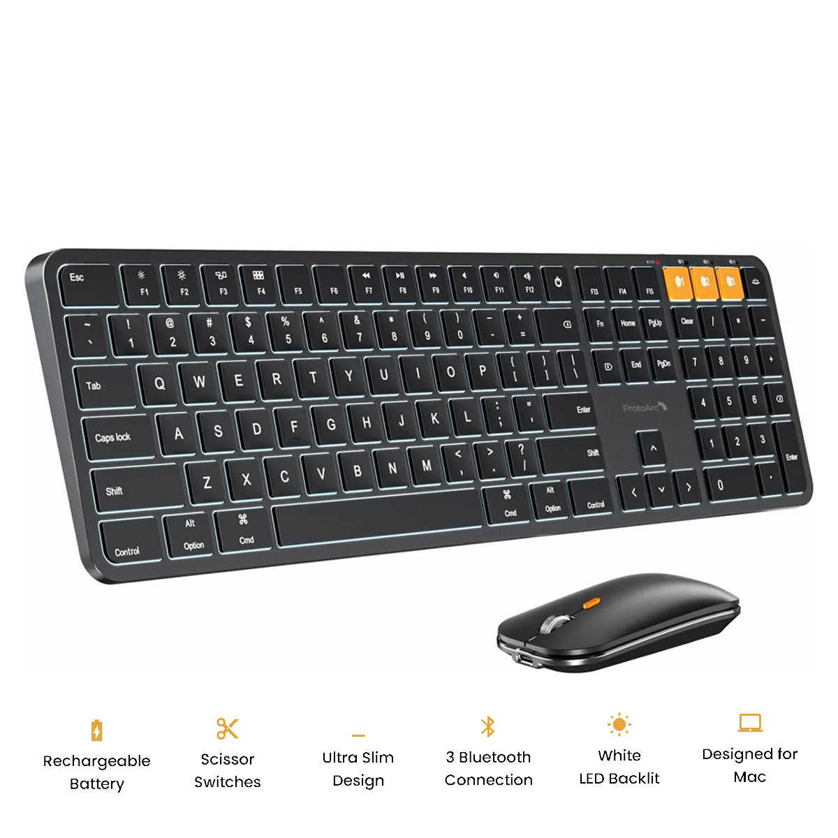 ProtoArc KM100-A Bluetooth Triple Channel Ultra-Slim Backlit Keyboard and Mouse Combo