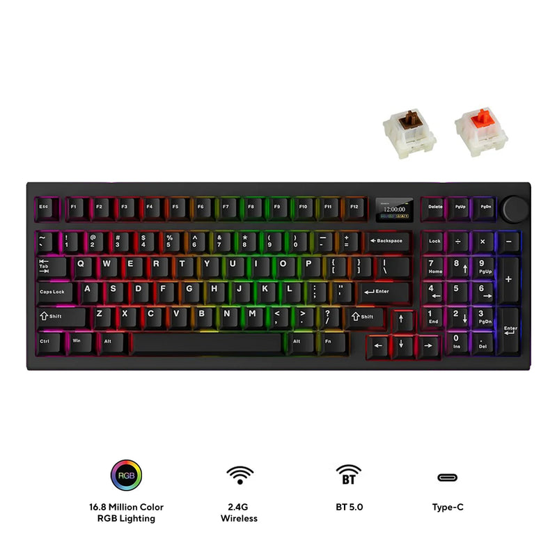 Tecware Spectre 96 RGB Tri-Mode 96-Key Gasket Mounted Mechanical Keyboard with Customizable LCD Display & Volume Knob (Black) (Candy Red 48G Linear Switch, Cocoa Brown 55G Tactile Switch)