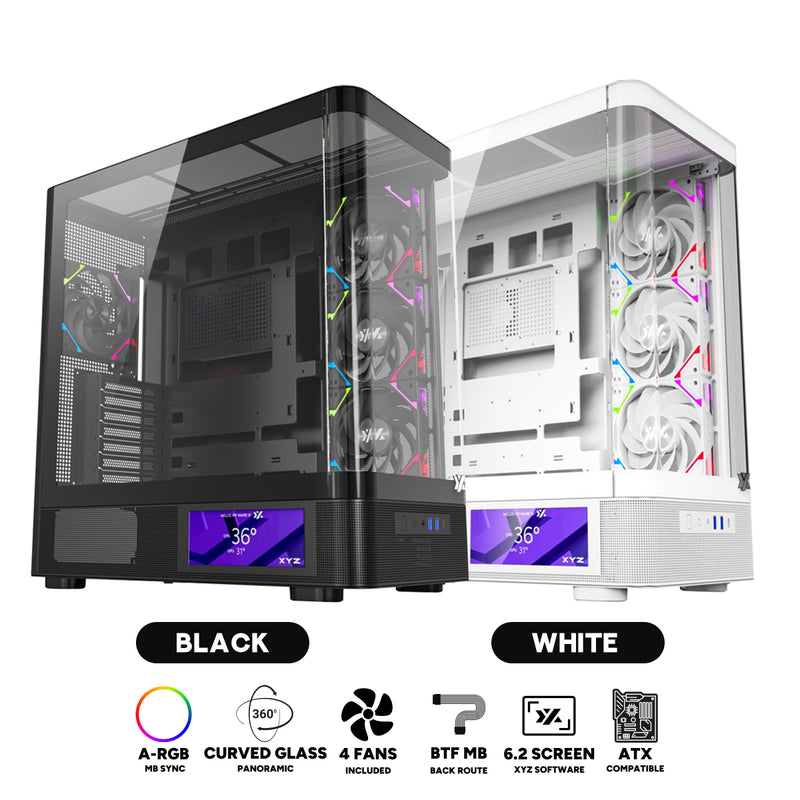 XYZ Quantum Pro ATX Curved Glass Panoramic PC Case with 4 Pre-Installed 120mm/140mm Vortex ARGB Fans & 6.2" (960x360) Smart Display Screen