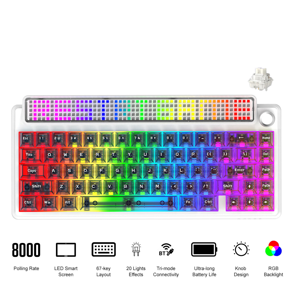Ajazz Pixel68 Dot Matrix Large Screen RGB Tri-Mode Mechanical Keyboard (Transparent Blue Purple Pink Orange) (MX Ice Sea Spirit Switch)