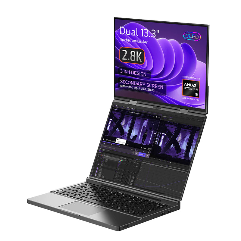 GPD DUO 13.3" Dual-Screen OLED Aurora Full Screen 2880x1800 WQXGA+ Resolution | AMD Ryzen AI 9 HX 370 | AMD Radeon 890M | 32GB RAM + 1TB SSD | Windows 11 Home Ultra-Portable Laptop + GPD DUO Protection Case Bag