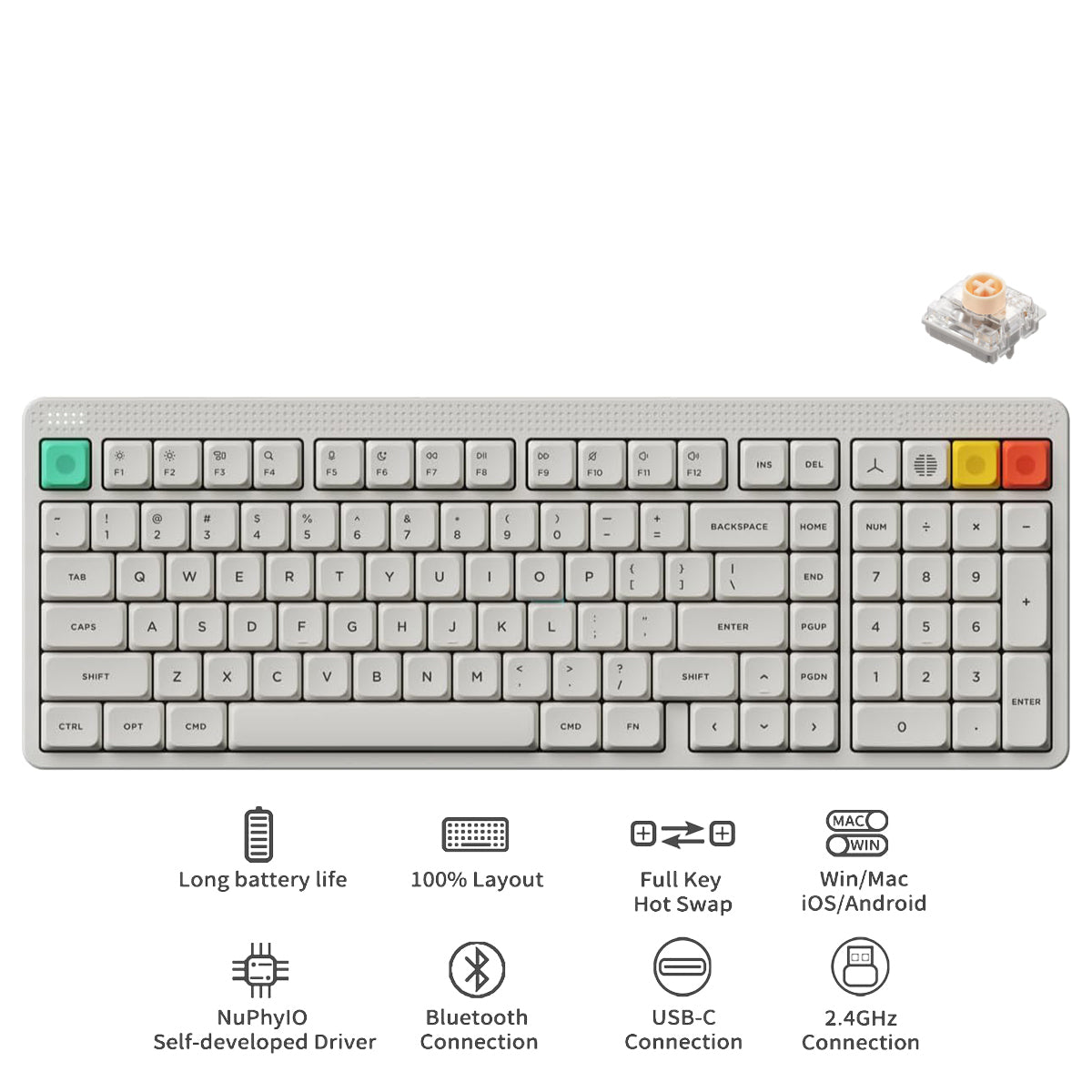 NuPhy Node100 Low-Profile Hot-Swappable Full-Size Wireless Mechanical Keyboard (Blush nano Switch) (Lunar White)