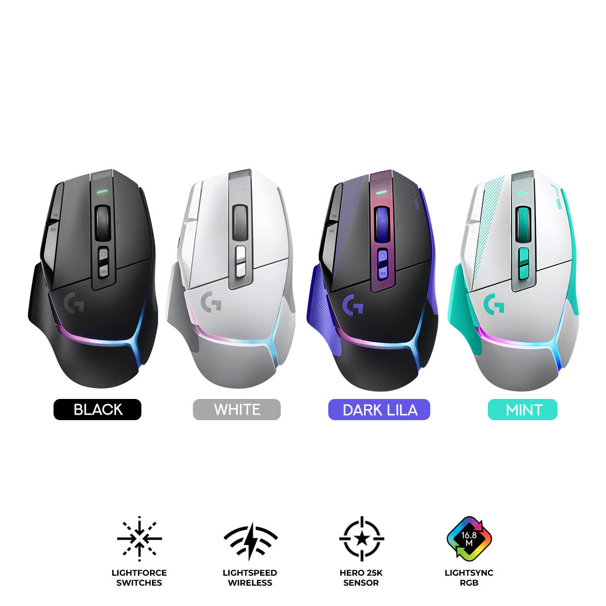 Logitech G502 X Plus Lightspeed Wireless RGB Gaming Mouse (Black, White, Dark Lila, Mint)