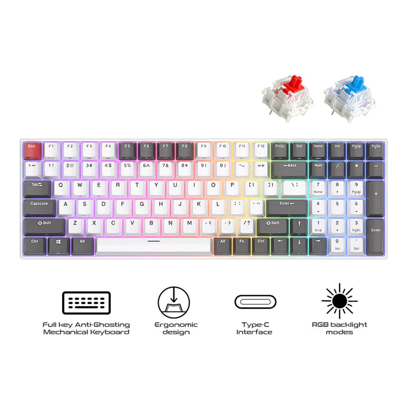 Royal Kludge RK100 Tri-Mode RGB 100 Keys Hot Swappable Mechanical Keyboard Grey/Red/White (Blue Switch, Red Switch)