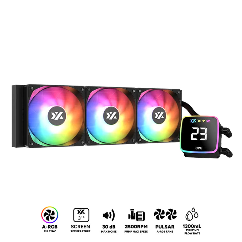 XYZ AquaPulse Fusion 360 AIO ARGB Liquid Cooler with Temperature Display (Black) (X-WC-AQUA-FU-360B) (XYZ-SA-846)