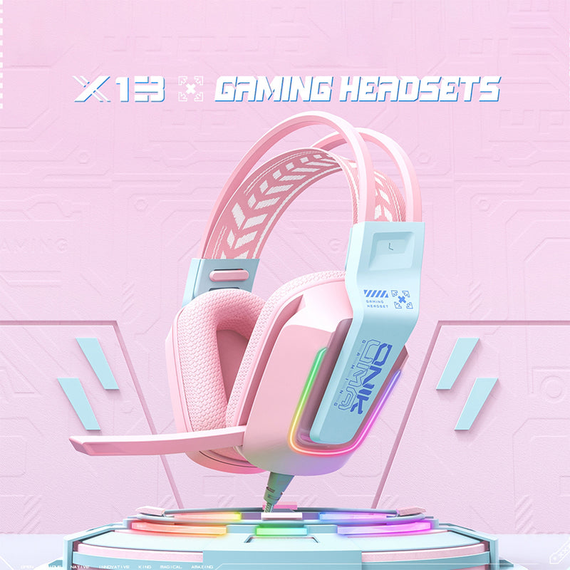 Onikuma X13 RGB Colorful Lighting Wired Gaming Headset with Noise Cancelling Microphone (Pink)