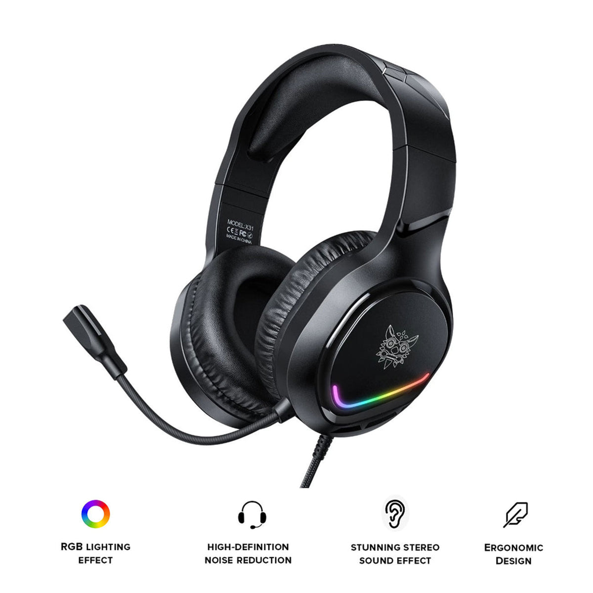 Onikuma X31 RGB Wired Gaming Headset with Noise Cancelling Microphone (Black)