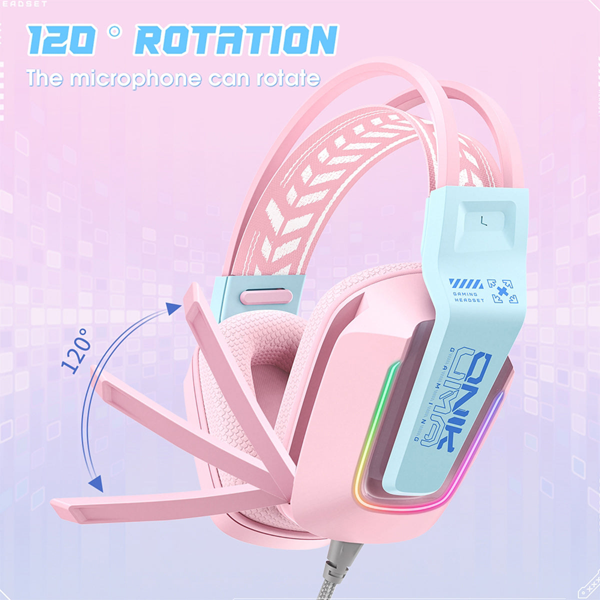 Onikuma X13 RGB Colorful Lighting Wired Gaming Headset with Noise Cancelling Microphone (Pink)