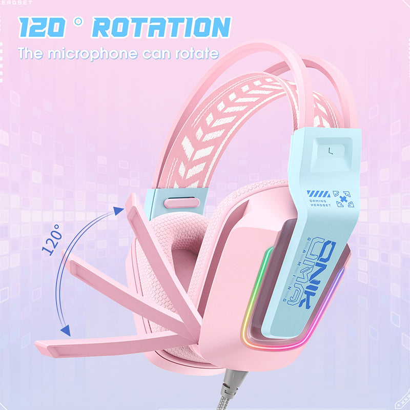 Onikuma X13 RGB Colorful Lighting Wired Gaming Headset with Noise Cancelling Microphone (Pink)