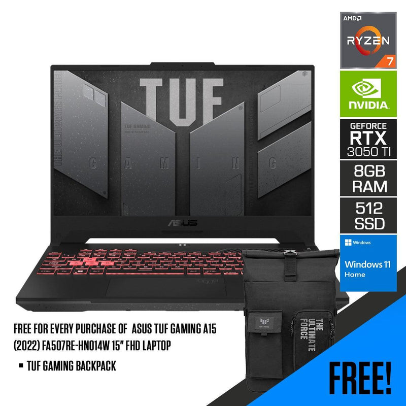 ASUS TUF Gaming A15 (2022) FA507RE-HN014W Laptop (Mecha Gray) | 15.6" FHD | Ryzen™ 7 6800H | 8GB DDR5 |  512GB SSD | RTX™ 3050 Ti |  Windows 11 Home | TUF Gaming Backpack - DataBlitz