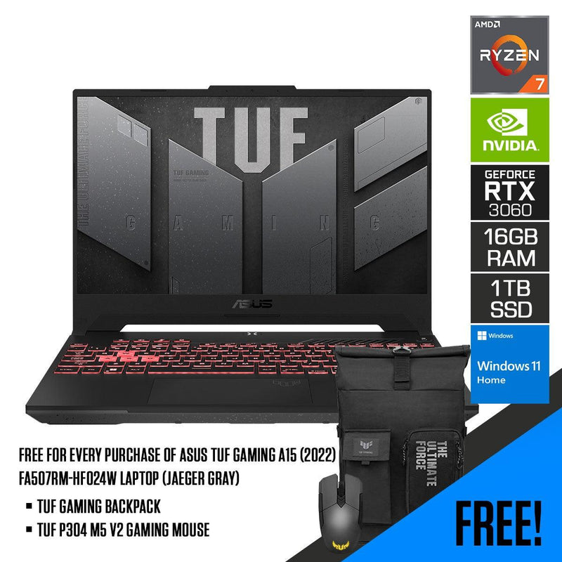ASUS TUF Gaming A15 (2022) FA507RM-HF024W Laptop (Jaeger Gray) | 15.6" FHD | AMD Ryzen™ 7 6800H | 16GB DDR5 | 1TB SSD | RTX™ 3060 | Windows 11 Home | TUF Gaming Backpack | ASUS TUF P304 M5 V2 Gaming Mouse - DataBlitz