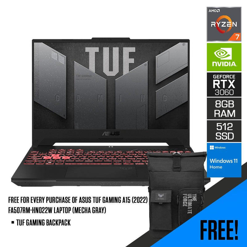 ASUS TUF Gaming A15 (2022) FA507RM-HN022W Laptop (Mecha Gray) | 15.6" FHD | Ryzen™ 7 6800H | 8GB DDR5 | 512GB SSD | Windows 11 Home | TUF Gaming Backpack - DataBlitz