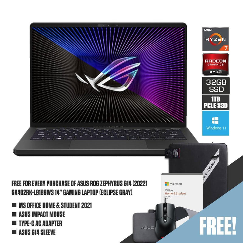 ASUS ROG Zephyrus G14 (2022) GA402RK-L8189WS Gaming Laptop (Eclipse Gray) | 14" QHD | Ryzen™ 7 6800HS | 32 GB DDR5 | 1TB SSD |  RX 6800S | Windows 11 Home |  MS Office H&S 2021 | G14 Sleeve (2022) | Mouse | Type-C AC Adapter - DataBlitz