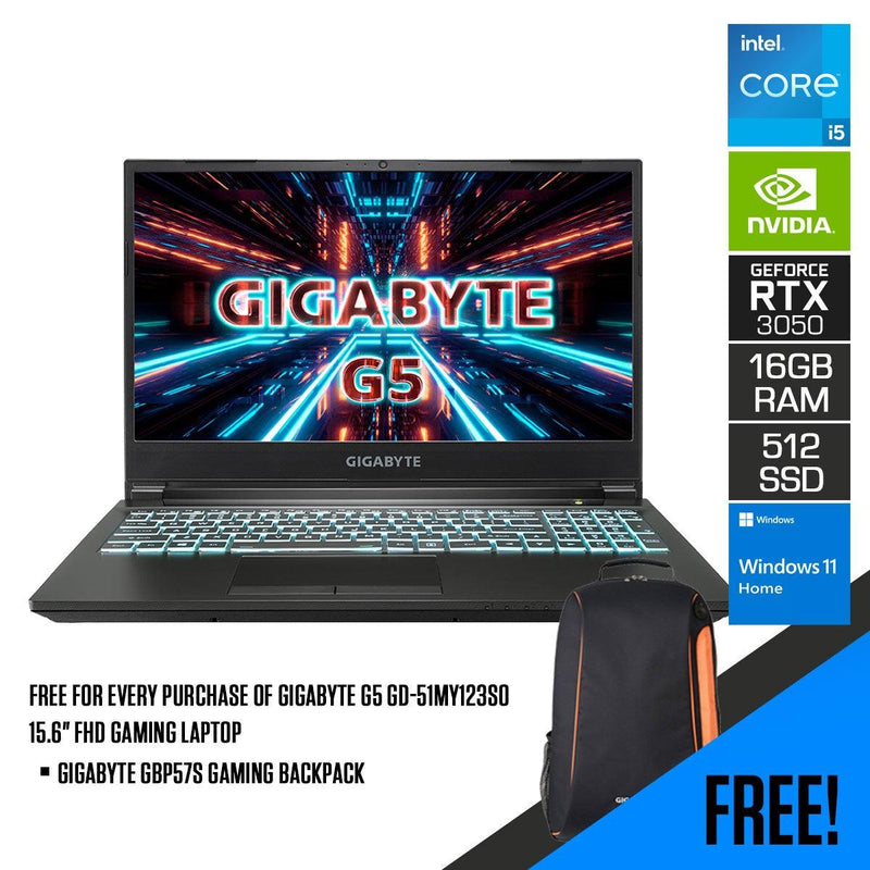 GIGABYTE G5 GD-51MY123SO Gaming Laptop | 15.6” FHD | i5-11400H | 16 GB RAM | 512GB SSD | RTX™ 3050 | Windows 10 Home | GIGABYTE GBP57S Gaming Backpack | Universal Power Adapter - DataBlitz