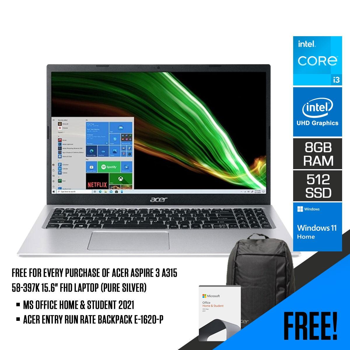 ACER Aspire 3 A315-58-397K Laptop (Pure Silver) | 15.6" Full HD | i3-1115G4 | 8 GB DDR4 | 512 GB | Intel UHD Graphics | Windows 11 Home | MS Office Home & Student 2021 | ACER Entry Run Rate Backpack E-1620-P (LZBPKM6B12) - DataBlitz