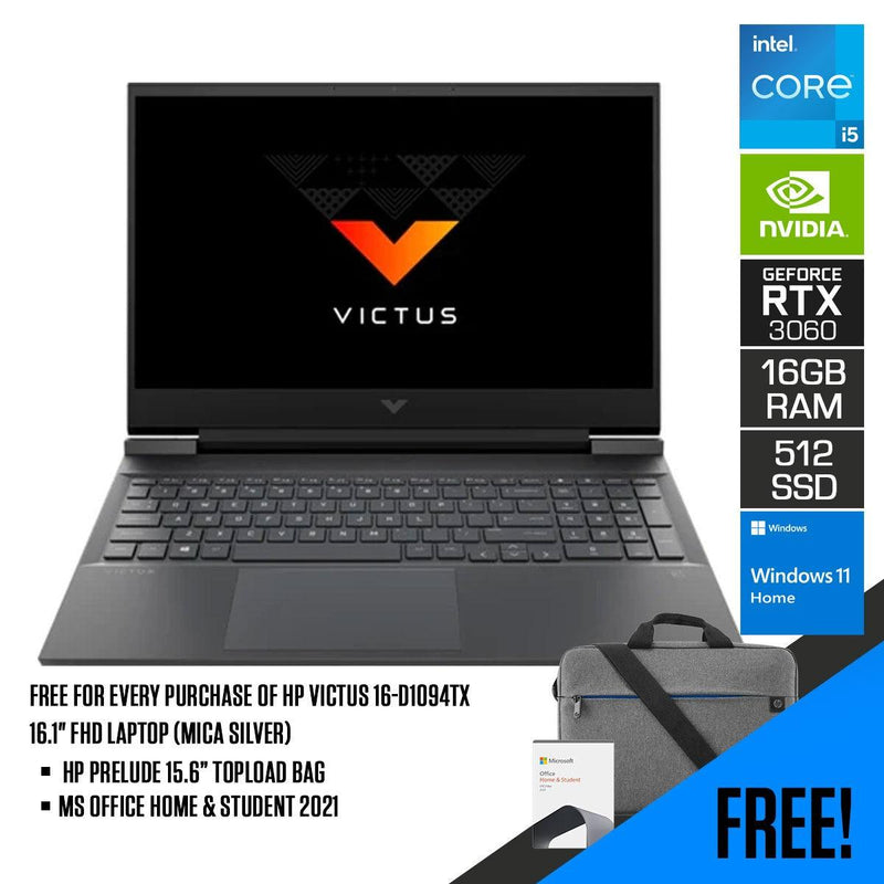 HP VICTUS 16-D1094TX Laptop (Mica Silver) | 16.1” FHD | i5-12500H | 16 GB DDR5 | 512 GB SSD | RTX™ 3060 | Windows 11 Home | MS Office Home & Student 2021 | HP Prelude 15.6” Topload Bag - DataBlitz