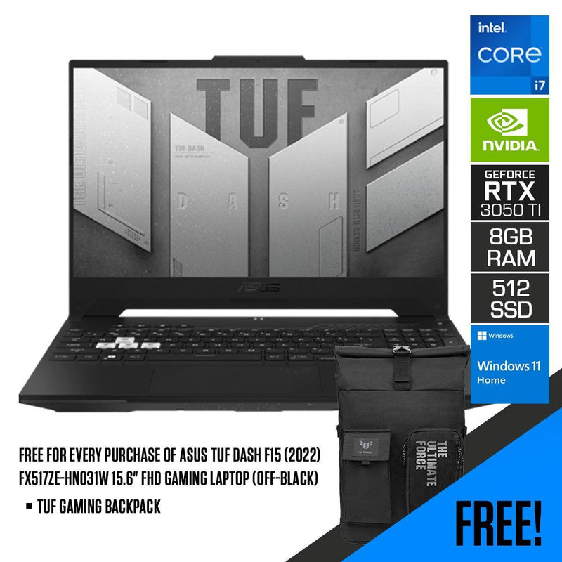 ASUS TUF Dash F15 (2022) FX517ZE-HN031W Gaming Laptop (Off Black) | 15.6” FHD | i7-12650H | 8GB DDR5 | 512GB SSD | RTX™ 3050 Ti | Windows 11 Home | TUF Gaming Backpack - DataBlitz