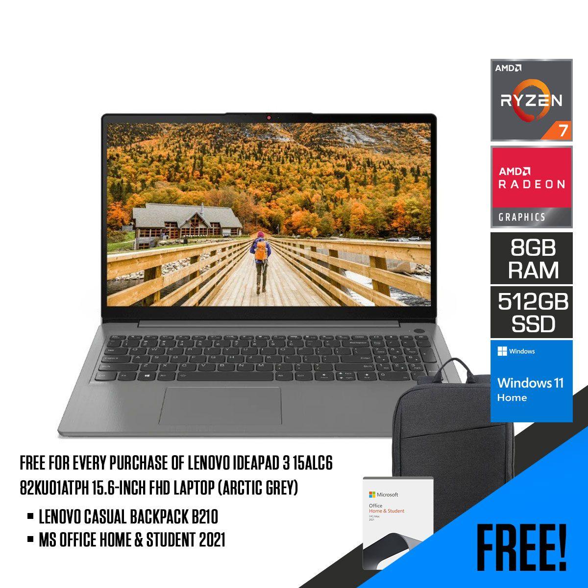 LENOVO Ideapad 3 15ALC6 82KU01ATPH Laptop (Arctic Grey) | 15.6" FHD | Ryzen 7 5700U | 8 GB RAM DDR4 | Radeon Graphics | Windows 11 Home  |  MS Office Home & Student 2021 | LENOVO Casual Backpack B210 - DataBlitz