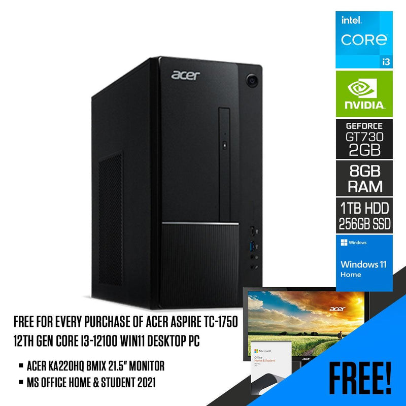 Acer Aspire TC-1750 Desktop PC | i3-12100 | 8GB RAM DDR4 | 256GB SSD + 1TB HDD | NVIDIA GT730 | Windows 11 Home | MS Office Home & Student 2021 | Acer KA220HQ BMIX 21.5” Monitor - DataBlitz