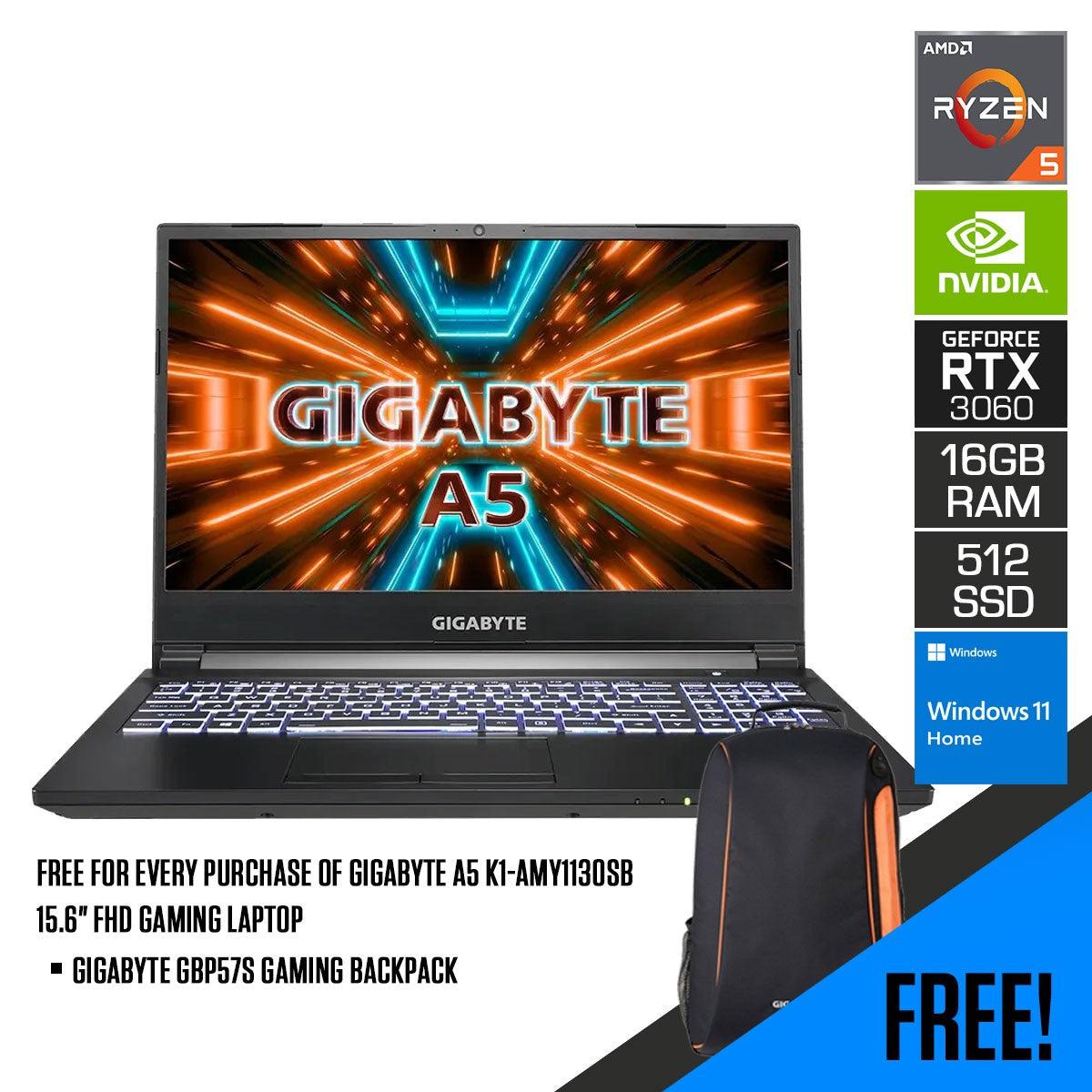 GIGABYTE A5 K1-AMY1130SB Gaming Laptop | 15.6" FHD | Ryzen 5600H | 16GB RAM | 512 Gen3 SSD |  RTX 3060 | Windows 11 Home | GIGABYTE GBP57S Gaming Backpack - DataBlitz