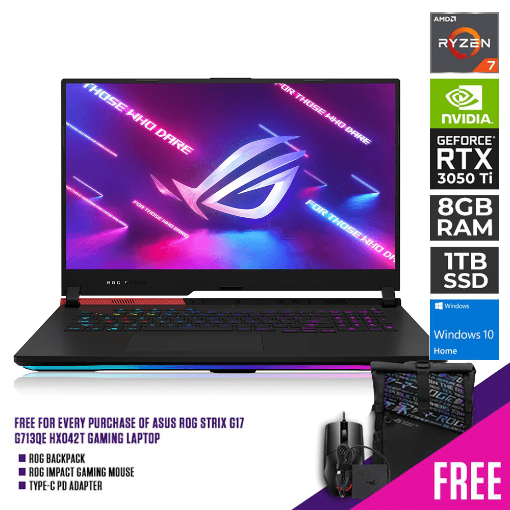 ASUS ROG STRIX G17 G713QE HX042T GAMING LAPTOP | 17.3" FHD | RYZEN 7 5800H | 8GB RAM | 1TB SSD | RTX 3050 TI | WIN10 + FREE ROG IMPACT GAMING MOUSE + FREE TYPE-C PD ADAPTER - DataBlitz