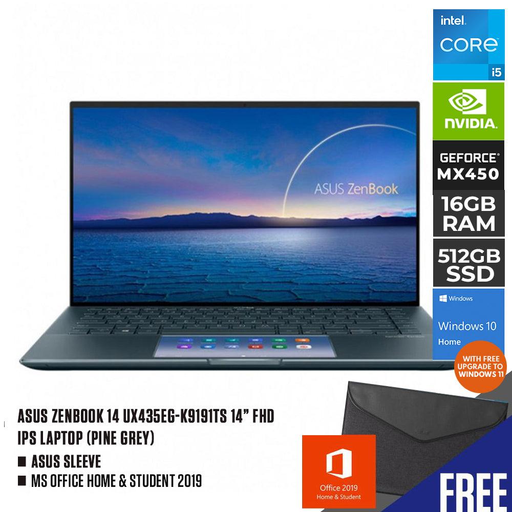 ASUS ZENBOOK 14 UX435EG-K9191TS Laptop (Pine Gray) | 14"FHD | i5-1135G7 | 16GB DDR4 | 512GB SSD | MX450 | WIN10 Office Home and Student ASUS Sleeve - DataBlitz