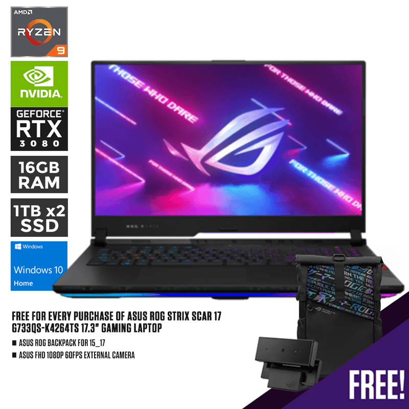 ASUS ROG STRIX SCAR 17 G733QS-K4264TS | 17.3 " WQHD | RYZEN 9 5900HX | 16GB DDR4 | 2TB SSD | RTX™ 3080 | WIN10 + EXTERNAL CAMERA + 100W AC ADAPTER + KEYSTONE + 2 CUSTOMIZABLE ARMOR CAPS+ ROG BACKPACK - DataBlitz